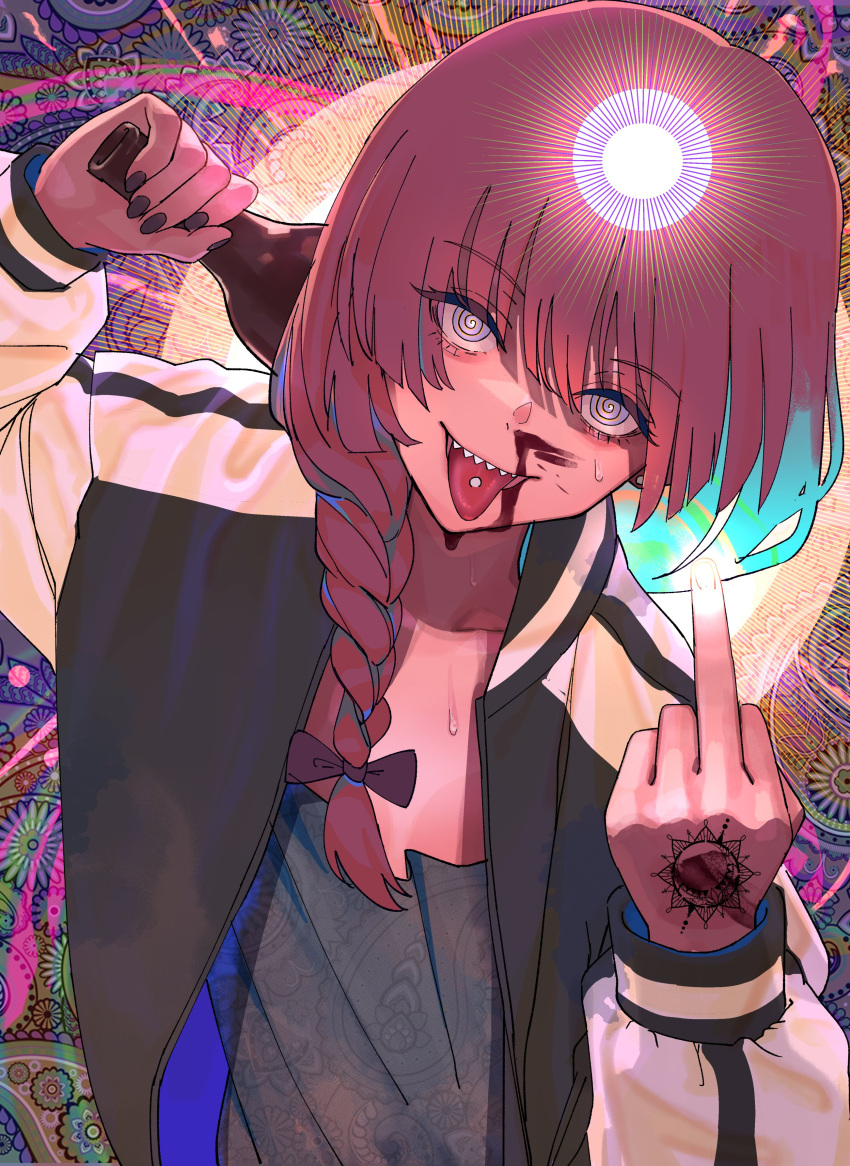 1girl absurdres black_jacket black_nails blue_eyes bocchi_the_rock! bottle braid grey_shirt highres hiroi_kikuri holding holding_bottle jacket looking_at_viewer middle_finger open_clothes open_jacket oshiri_seijin pink_hair psychedelic sharp_teeth shirt single_braid solo teeth tongue tongue_out