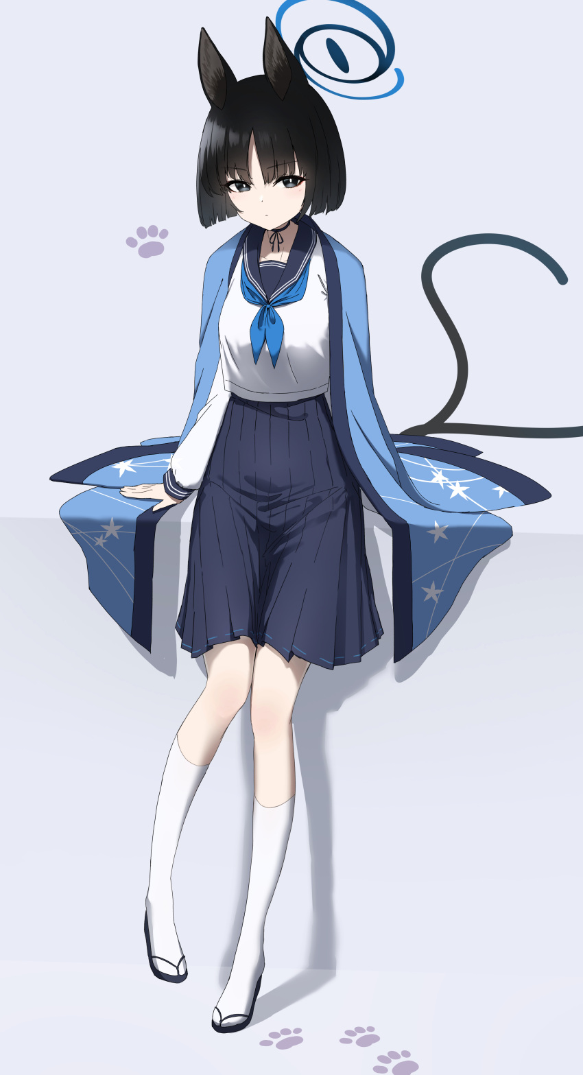 1girl absurdres animal_ears black_eyes black_hair black_sailor_collar black_skirt blue_archive blue_halo blue_neckerchief breasts cat_ears cat_tail grey_background halo haori highres japanese_clothes kikyou_(blue_archive) medium_breasts mogurii multiple_tails neckerchief pleated_skirt sailor_collar short_hair simple_background skirt socks solo tabi tail two_tails white_socks