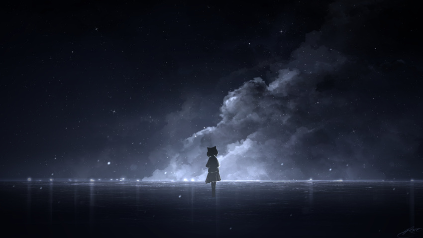 1girl animal_ears chinese_commentary clouds commentary_request dated english_commentary full_body highres light_particles mixed-language_commentary night night_sky original outdoors rune_xiao scenery shirt short_hair short_sleeves skirt sky solo standing star_(sky) star_(symbol) starry_sky