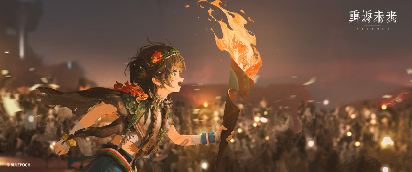 2girls :d audience bandaged_arm bandaged_hand bandages bandaid bandaid_on_arm blue_eyes blue_pants blue_wristband blurry blurry_background brown_hair championship_belt cloak copyright_name copyright_notice double_bun elemental_(creature) fire fire_elemental flower from_side grey_cloak hair_bun hair_flower hair_ornament highres holding holding_torch laurel_crown logo long_hair looking_ahead midriff multiple_girls night night_sky official_art pants profile red_flower reverse:1999 running scrunchie shirt short_sleeves sky smile solo_focus spathodea_(reverse:1999) stadium sweat torch torn_cloak torn_clothes ulu_(reverse:1999) upper_body white_shirt wrist_scrunchie