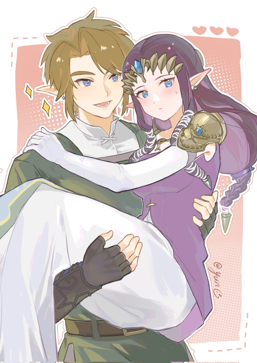 1boy 1girl armor black_gloves blue_eyes blush brown_hair carrying closed_mouth commentary_request dress ear_piercing earrings elbow_gloves fingerless_gloves gloves green_tunic highres jewelry link long_hair looking_at_another lower_teeth_only open_mouth pauldrons piercing pointy_ears princess_carry princess_zelda purple_dress short_hair shoulder_armor smile sweatdrop teeth the_legend_of_zelda the_legend_of_zelda:_twilight_princess tunic twitter_username two-tone_dress white_dress white_gloves yun_(dl2n5c7kbh8ihcx)