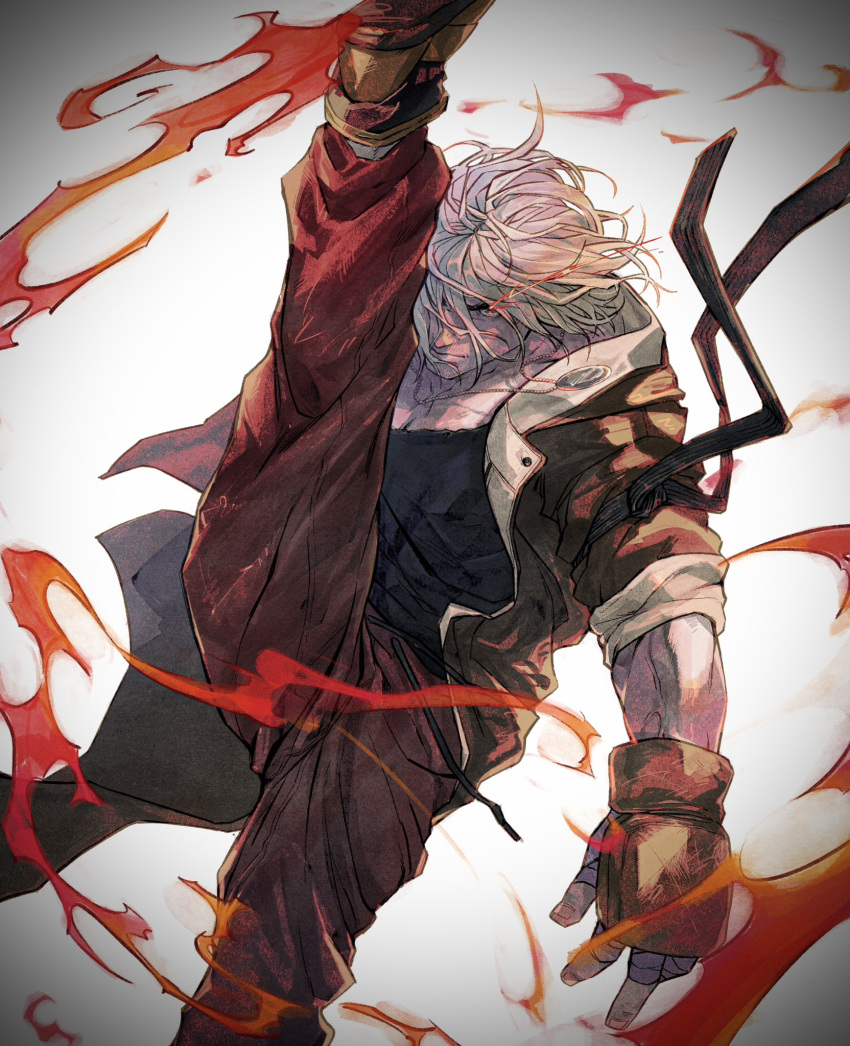 1boy attack_trail blonde_hair coat eye_trail feet_out_of_frame flaming_leg hair_over_one_eye highres ken_masters kicking large_hands leg_lift light_trail male_focus marumaru1902 medium_hair mismatched_eyebrows muscular muscular_male pectoral_cleavage pectorals solo sparse_stubble street_fighter street_fighter_6 thick_eyebrows