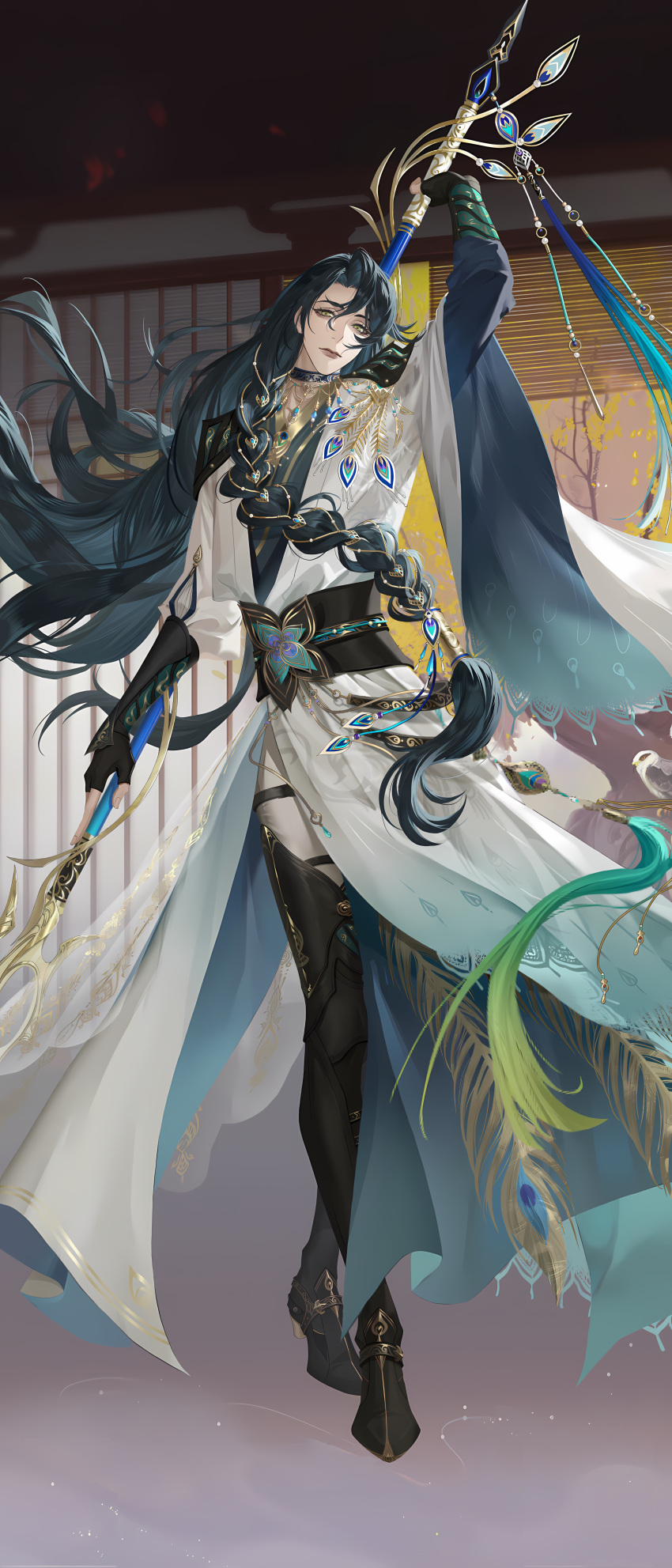 1boy absurdres black_choker braid braided_hair_rings chinese_clothes choker closed_mouth code:_kite feathers full_body hair_rings highres holding holding_weapon long_hair long_sleeves looking_at_viewer male_focus official_art peacock_feathers single_braid solo weapon wen_chou_(code:_kite)