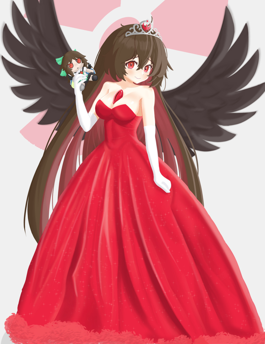 1girl absurdres bare_shoulders breasts covered_navel dress fumo_(doll) gown hatto highres just_hatto large_breasts long_hair looking_at_viewer red_dress reiuji_utsuho smile solo standing touhou very_long_hair white_background wings