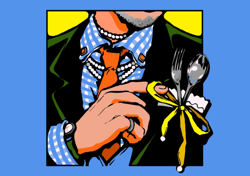 1boy beard black_jacket blue_border blue_shirt border facial_hair fork grey_hair head_out_of_frame highres jacket jewelry long_sleeves minillustration necklace necktie original plaid plaid_shirt red_necktie ribbon ring shirt simple_background solo spoon watch watch yellow_background yellow_ribbon