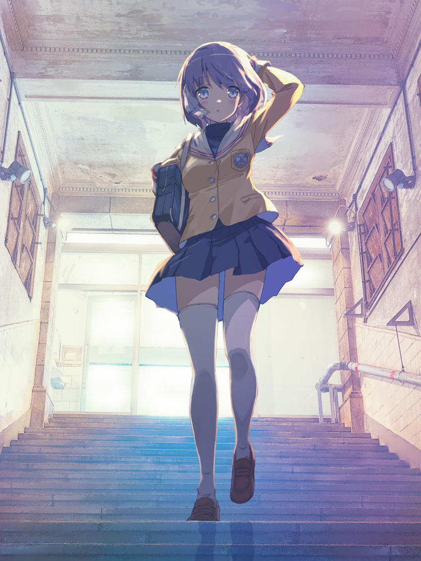 1girl akayama_yukihe arm_above_head arm_up backlighting bag blue_eyes blue_skirt blush bob_cut brown_footwear clannad commentary_request eyes_visible_through_hair fujibayashi_ryou full_body hair_between_eyes hair_ribbon highres hikarizaka_private_high_school_uniform holding holding_bag indoors jacket loafers long_sleeves looking_at_viewer miniskirt parted_lips photo_background pleated_skirt purple_hair ribbon sailor_collar school_bag school_uniform shoes short_hair skirt solo stairs standing thigh-highs thighs white_ribbon white_sailor_collar white_thighhighs yellow_jacket zettai_ryouiki