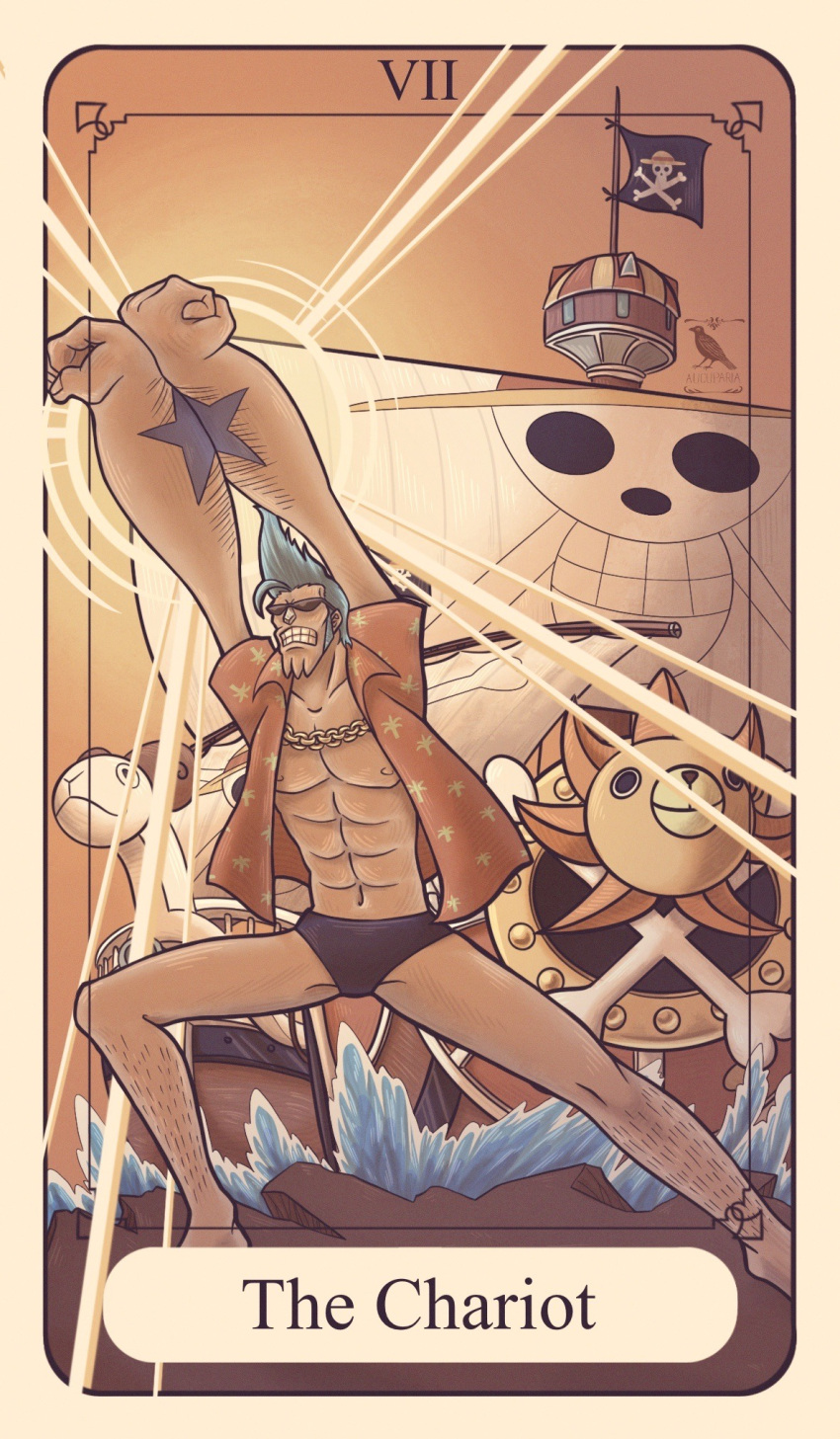 1boy abs arm_tattoo artist_name aucuparia blue_hair card_(medium) chain_necklace clenched_teeth commentary english_commentary english_text franky_(one_piece) hawaiian_shirt highres jewelry jolly_roger long_sideburns male_focus necklace one_piece open_clothes ship shirt short_hair short_sleeves sideburns signature skull_and_crossbones solo spiky_hair star_(symbol) sunglasses tarot tarot_(medium) tattoo teeth thousand_sunny watercraft