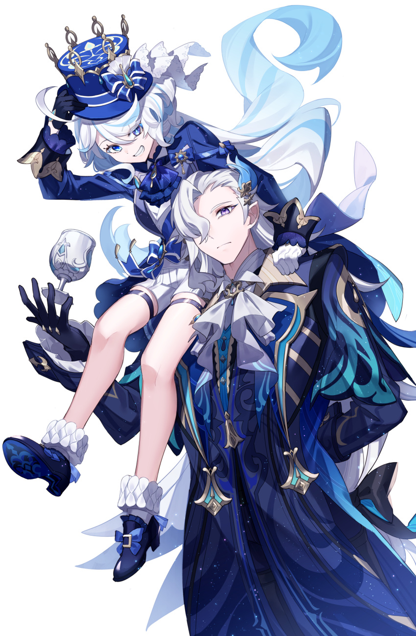 1boy 1girl absurdres ahoge ascot asymmetrical_gloves black_footwear black_gloves blue_eyes blue_hair blue_headwear clenched_teeth closed_mouth commentary cup furina_(genshin_impact) genshin_impact gloves gradient_hair hair_over_one_eye hand_on_headwear hat heterochromia highres hizuki_miya legs long_hair long_sleeves looking_at_viewer mismatched_gloves multicolored_hair neuvillette_(genshin_impact) pointy_ears revision shoes simple_background sitting_on_shoulder smile teeth thighs two-tone_hair violet_eyes white_ascot white_background white_gloves white_hair