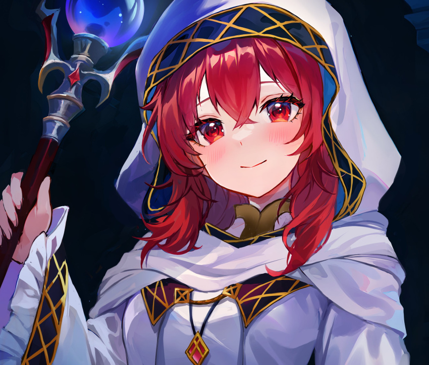 1girl black_background blush closed_mouth dress fire_emblem fire_emblem:_mystery_of_the_emblem fire_emblem:_shadow_dragon_and_the_blade_of_light highres holding holding_staff hood jewelry jurge lena_(fire_emblem) long_hair long_sleeves looking_at_viewer necklace red_eyes redhead robe simple_background smile solo staff upper_body veil white_dress wide_sleeves