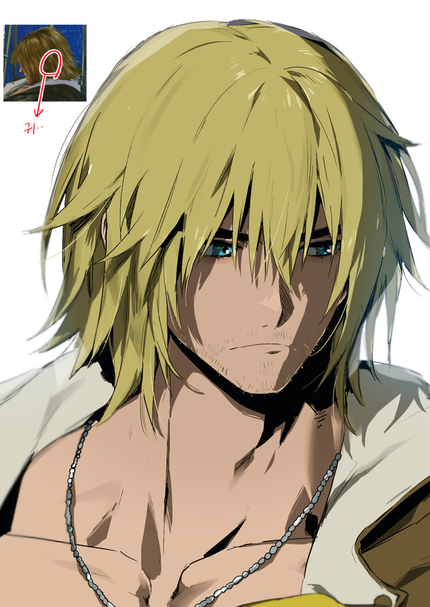 1boy adam's_apple blonde_hair blue_eyes chwisohaelabang_geumgeumal expressionless game_screenshot_inset highres jewelry ken_masters looking_to_the_side male_focus medium_hair mismatched_eyebrows muscular muscular_male necklace portrait solo sparse_stubble street_fighter street_fighter_6 thick_eyebrows