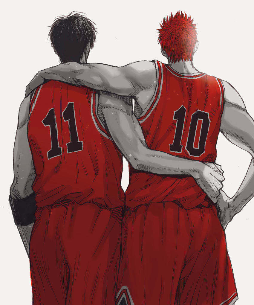 2boys absurdres armband back back_focus basketball_jersey basketball_uniform black_armband black_hair cowboy_shot grey_background greyscale hand_on_another's_shoulder hand_on_another's_waist hand_on_own_hip highres male_focus marukome0816 monochrome multiple_boys red_shorts red_tank_top redhead rukawa_kaede sakuragi_hanamichi short_hair shorts simple_background slam_dunk_(series) sportswear spot_color tank_top toned toned_male