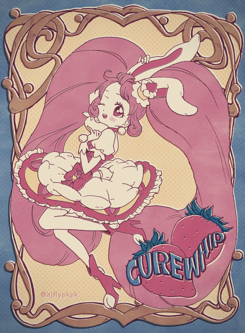 1girl ;d aji_fry animal_ears bow cake cake_hair_ornament choker commentary_request cure_whip dress earrings extra_ears food food-themed_hair_ornament food-themed_ornament gloves hair_ornament highres jewelry kirakira_precure_a_la_mode long_hair magical_girl one_eye_closed open_mouth pink_choker pink_corset pink_eyes pink_footwear pink_hair pom_pom_(clothes) pom_pom_earrings precure rabbit_ears smile solo strawberry_shortcake twintails usami_ichika