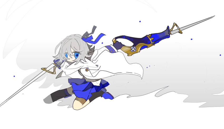 1girl badge black_socks blue_eyes blue_footwear blue_ribbon blue_skirt chibi chinese_commentary coat coat_lift coattails commentary_request dual_wielding fighting_stance gloves grey_background grey_hair grey_ribbon hair_ribbon highres holding holding_sword holding_weapon kneehighs long_sleeves miniskirt no_mouth on_one_knee open_clothes open_coat original purple_gloves ribbon shoes short_hair skirt socks solo sword tiankong_yiji two-tone_background two-tone_ribbon weapon weapon_request white_background white_coat wide_sleeves