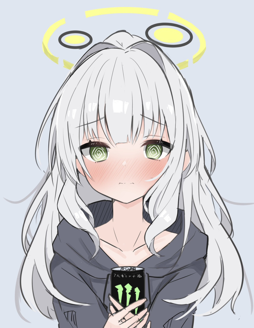 1girl @_@ black_hoodie blue_archive blush can closed_mouth collarbone green_eyes grey_background grey_hair halo hare_(blue_archive) highres holding holding_can hood hood_down hoodie long_hair long_sleeves looking_at_viewer nono54558 ponytail simple_background solo upper_body