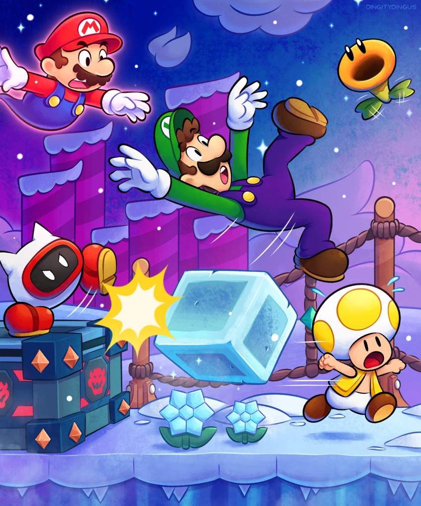 blue_flower blue_overalls boots brothers brown_footwear brown_hair clenched_hands facial_hair flower gloves green_headwear green_shirt hat highres ice ice_cube luigi mario mustache open_mouth outmaway_(mario) overalls red_footwear red_headwear red_shirt shirt short_hair siblings snow super_mario_bros. super_mario_bros._wonder talking_flower_(mario) teeth toad_(mario) upper_teeth_only vest vinny_(dingitydingus) white_gloves yellow_toad_(mario) yellow_vest