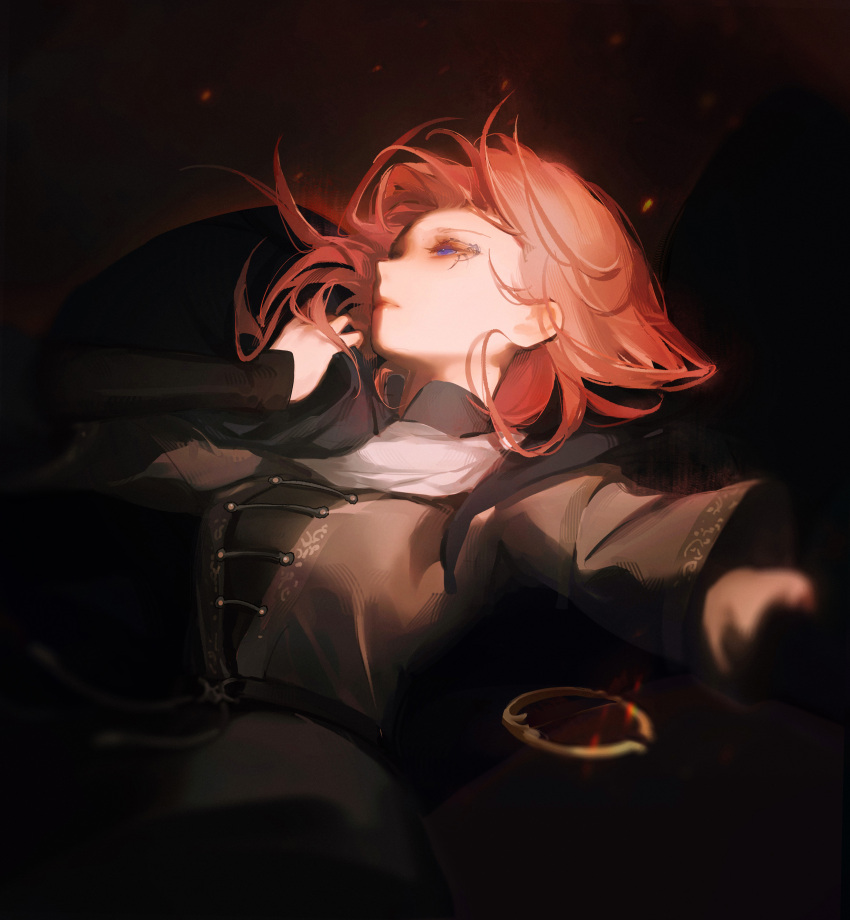 1girl absurdres black_background black_dress blue_eyes closed_mouth commentary_request dress elden_ring gjygyao high_collar highres jewelry long_sleeves medium_hair melina_(elden_ring) redhead ring simple_background solo upper_body