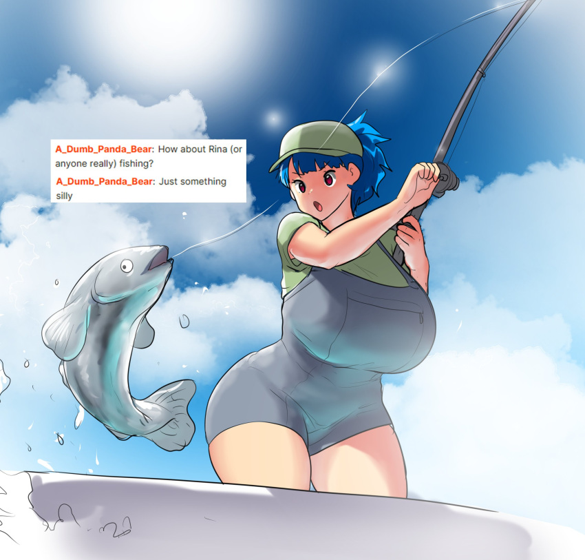1girl blue_hair blue_sky breasts clouds cloudy_sky cowboy_shot english_text erkaz fish fishing fishing_line fishing_rod green_headwear green_shirt grey_overalls highres holding holding_fishing_rod huge_breasts open_mouth original outdoors overall_shorts overalls ponytail red_eyes rina_atherina shirt short_sleeves sky solo