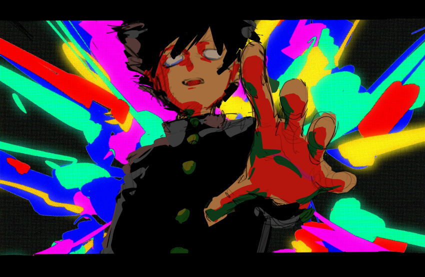 1boy black_jacket blank_eyes buttons collared_jacket explosion floating_hair foreshortening gakuran highres jacket kageyama_shigeo mob_psycho_100 multicolored_background no_pupils open_mouth outstretched_hand reaching reaching_towards_viewer school_uniform senzo6700 sketch solo spiky_hair telekinesis