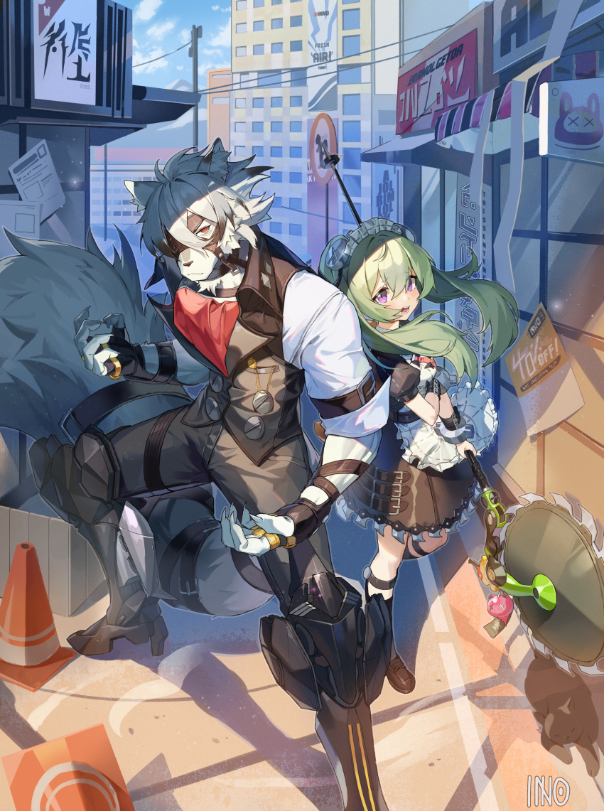 1boy 1girl animal_ears artist_logo ascot black_vest cat circular_saw claws corin_wickes english_commentary eyepatch furry furry_male green_eyes highres holding holding_weapon innochan looking_at_viewer maid one_eye_closed open_mouth red_ascot red_eyes saw shirt tail traffic_cone vest von_lycaon weapon white_shirt wolf_boy wolf_ears wolf_tail zenless_zone_zero