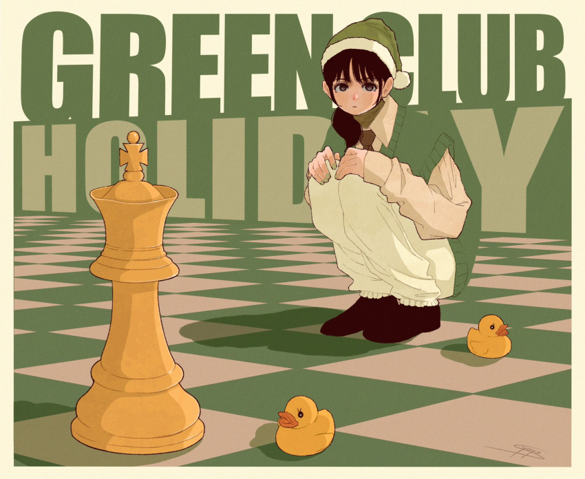 1girl black_eyes black_footwear black_hair blending checkered_floor chess_piece collared_shirt english_text expressionless green_headwear green_sweater_vest hair_over_shoulder hat highres king_(chess) long_hair long_sleeves looking_at_viewer necktie original pants ponytail red_necktie rubber_duck santa_hat shadow shirt shoes solo sweater_vest syooooyoooo white_pants white_shirt