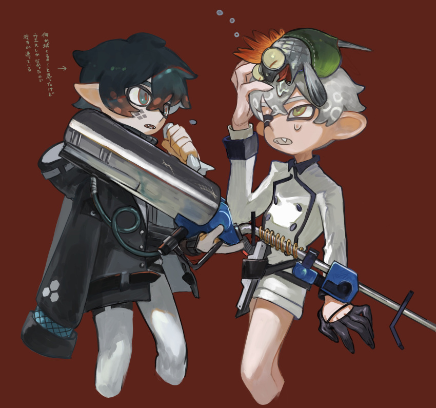 2boys absurdres arknights cropped_legs crossover e-liter_4k_(splatoon) faust_(arknights) gloves green_eyes grey_hair hair_between_eyes highres holding holding_weapon inkling inkling_boy long_sleeves male_focus mephisto_(arknights) multiple_boys octoling octoling_boy one_eye_closed open_mouth pointy_ears red_background salmonid sharp_teeth shorts simple_background smallfry_(splatoon) splatoon_(series) sweat teeth tentacle_hair translation_request weapon white_shorts yomotobi