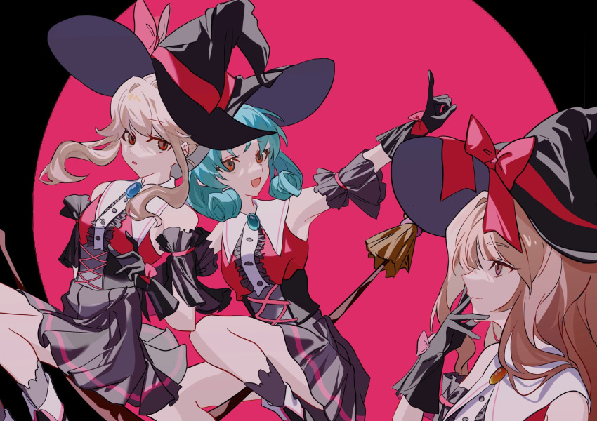 3girls aqua_hair arm_garter bare_shoulders black_footwear black_gloves black_headwear black_skirt black_socks blonde_hair bow breasts broom broom_riding buttons corset curly_hair dress gem gloves hand_on_own_chin hat highres long_hair looking_at_another looking_to_the_side medium_hair minabira multiple_girls original outstretched_arm pencil_dress pink_background pleated_skirt red_bow red_dress red_eyes sailor_collar sidelocks skirt small_breasts socks white_hair white_sailor_collar witch witch_hat