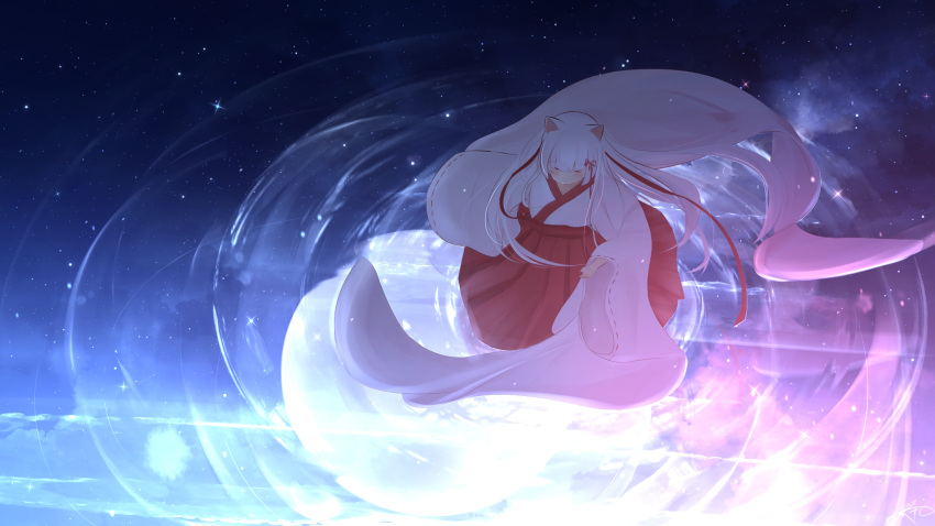1girl animal_ears cat_ears chinese_commentary closed_eyes commentary_request full_body highres japanese_clothes kimono long_hair long_sleeves nebula night original outdoors red_skirt ribbon-trimmed_sleeves ribbon_trim rune_xiao signature skirt sky solo star_(sky) starry_sky tsukimi white_hair white_kimono wide_sleeves