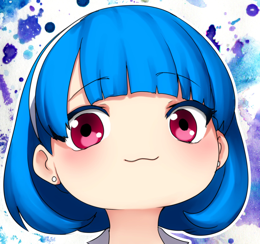 1girl blue_hair blush chibi earrings erkaz hairband highres jewelry looking_at_viewer no_nose original outline portrait red_eyes rina_atherina shadow short_hair smile solo white_hairband white_outline