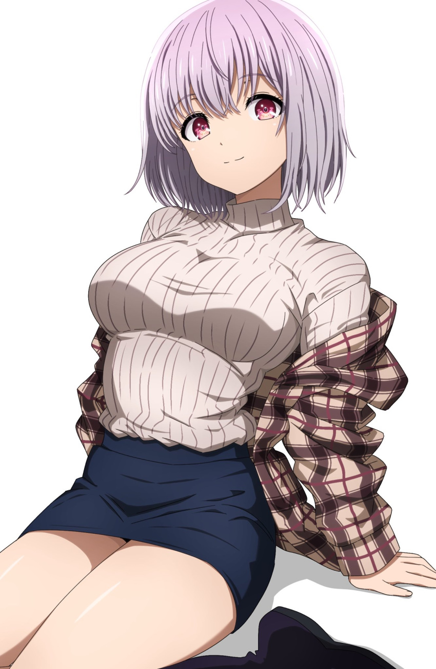 1girl black_footwear black_skirt breasts gridman_universe gridman_universe_(film) highres large_breasts looking_at_viewer noshimurin official_alternate_costume red_eyes shinjou_akane shirt shoes short_hair sitting skirt smile solo sweater