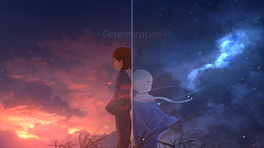 1boy 1other back-to-back brown_hair chinese_commentary clouds commentary_request english_commentary english_text frisk_(undertale) grass heart highres long_sleeves mixed-language_commentary outdoors rune_xiao sans scenery shirt short_hair signature sky star_(sky) starry_sky striped striped_shirt sunset undertale