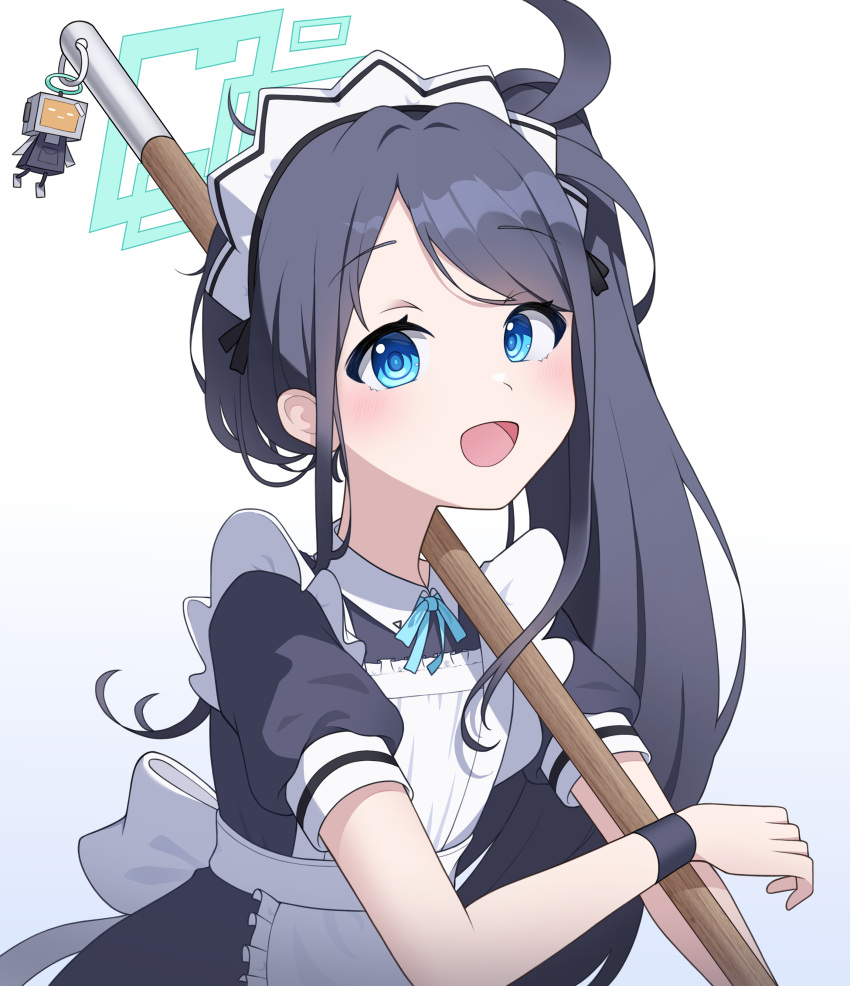 &lt;key&gt;_(robot)_(blue_archive) 1girl absurdres apron aris_(blue_archive) aris_(maid)_(blue_archive) black_hair blue_archive blue_eyes blue_halo broom bucket dress frilled_apron frilled_dress frills full_body halo highres holding holding_broom holding_bucket long_hair looking_at_viewer maid maid_apron maid_headdress official_alternate_costume pantyhose ponytail short_sleeves simple_background solo standing white_background white_pantyhose yamggu