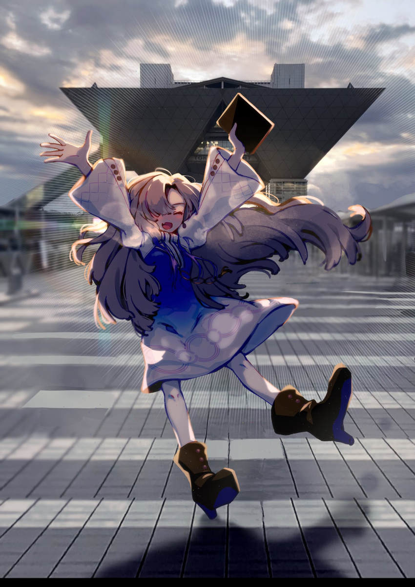 1girl arms_up black_footwear blue_dress blue_hair boots closed_eyes clouds dress floating_hair grey_hair hair_over_one_eye happy high_heel_boots high_heels highres holding isekai_joucho jumping kamitsubaki_studio long_hair multicolored_hair open_mouth outdoors overcast pantyhose photo_background poppy_(haraheri_0011) sky smile solo tokyo_big_sight two-tone_dress two-tone_hair virtual_youtuber white_dress white_pantyhose