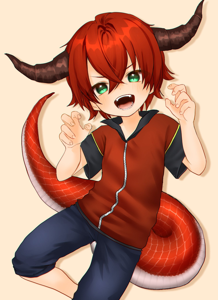 1boy child commentary_request fangs furry furry_male green_eyes hair_between_eyes highres horns kemonomimi_mode lightning_background lizard_tail male_focus monster_boy original redhead reptile_boy scales short_sleeves simple_background slit_pupils smile solo tail teeth toron_0812