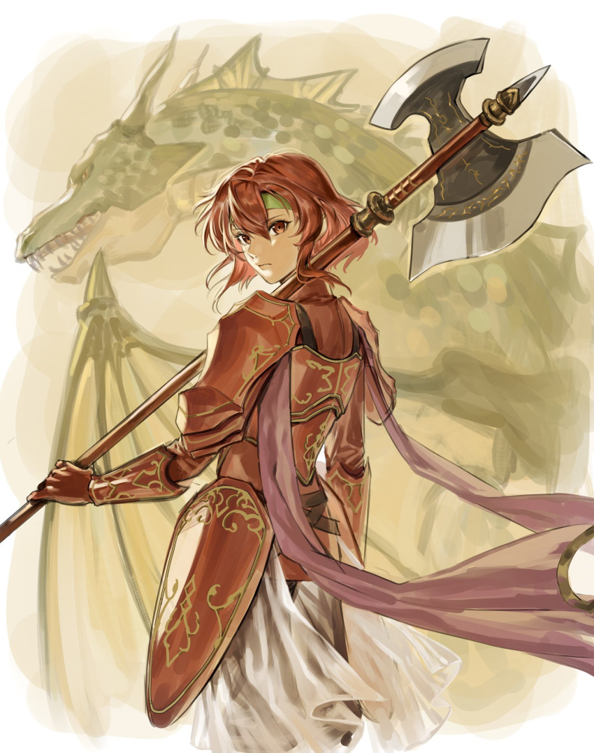 1girl abinosu0903 armor border commentary_request dragon dragon_wings faulds fire_emblem fire_emblem:_shadow_dragon gauntlets green_hairband hairband halberd highres holding holding_polearm holding_weapon looking_back minerva_(fire_emblem) polearm red_armor red_eyes redhead short_hair teeth weapon white_border wings