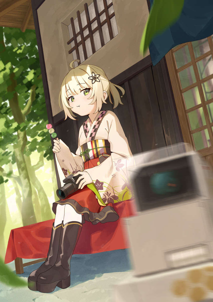 1girl 1other :t absurdres arknights blanket blonde_hair blue_skirt blurry blurry_foreground boots brown_footwear building camera chewing commentary dango flower food full_body green_eyes hair_flower hair_ornament highres holding holding_camera holding_food japanese_clothes knee_boots lens_(arknights) long_sleeves looking_at_viewer obi official_alternate_costume on_bench outdoors pink_shirt robot sanshoku_dango sash scene_(arknights) scene_(betsushi)_(arknights) shirt short_hair short_ponytail shoujo_l sitting skirt symbol-only_commentary tree wagashi wide_sleeves