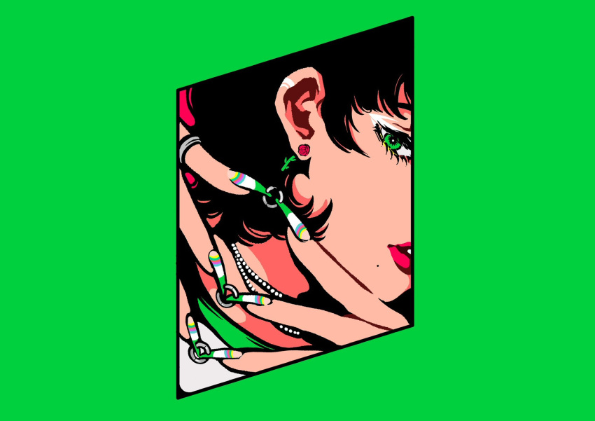 1girl black_hair border earrings green_border green_eyes green_nails highres jewelry minillustration mole mole_under_mouth necklace original parted_lips red_background red_lips short_hair simple_background solo yellow_nails
