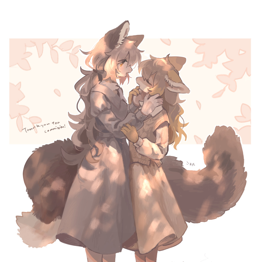 2girls animal_ears blue_dress body_fur brown_fur brown_hair brown_skirt brown_vest closed_eyes commentary commission dappled_sunlight dress face-to-face feet_out_of_frame fewer_digits fox_ears fox_girl fox_tail from_side furry furry_female gomafuto hand_on_another's_arm hand_on_another's_neck highres juliet_sleeves long_hair long_sleeves looking_at_another low_ponytail multiple_girls open_mouth orange_eyes original pink_background pixiv_commission profile puffy_sleeves shirt simple_background skirt skirt_set smile standing sunlight tail two-tone_background vest white_background white_shirt yuri