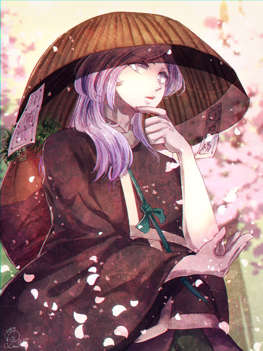 1other ajirogasa androgynous brown_kimono cherry_blossoms falling_petals hand_on_own_elbow hat highres holding_own_hair japanese_clothes kimono len'en long_hair long_sleeves looking_at_viewer ofuda ofuda_on_clothes other_focus outdoors petals plant potted_plant purple_hair sash shirami_souko signature solo strap tree upper_body vase veil violet_eyes white_sash wide_sleeves yukkyon_kyon
