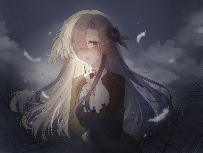 1girl black_flower black_shirt blue_hair blue_necktie blush clouds commentary_request feathers flower grey_eyes grey_hair hair_flower hair_ornament hair_over_one_eye highres isekai_joucho kamitsubaki_studio long_hair long_sleeves looking_at_viewer multicolored_hair necktie open_mouth own_hands_together shirt shouyuuchahan sky solo two-tone_hair upper_body virtual_youtuber