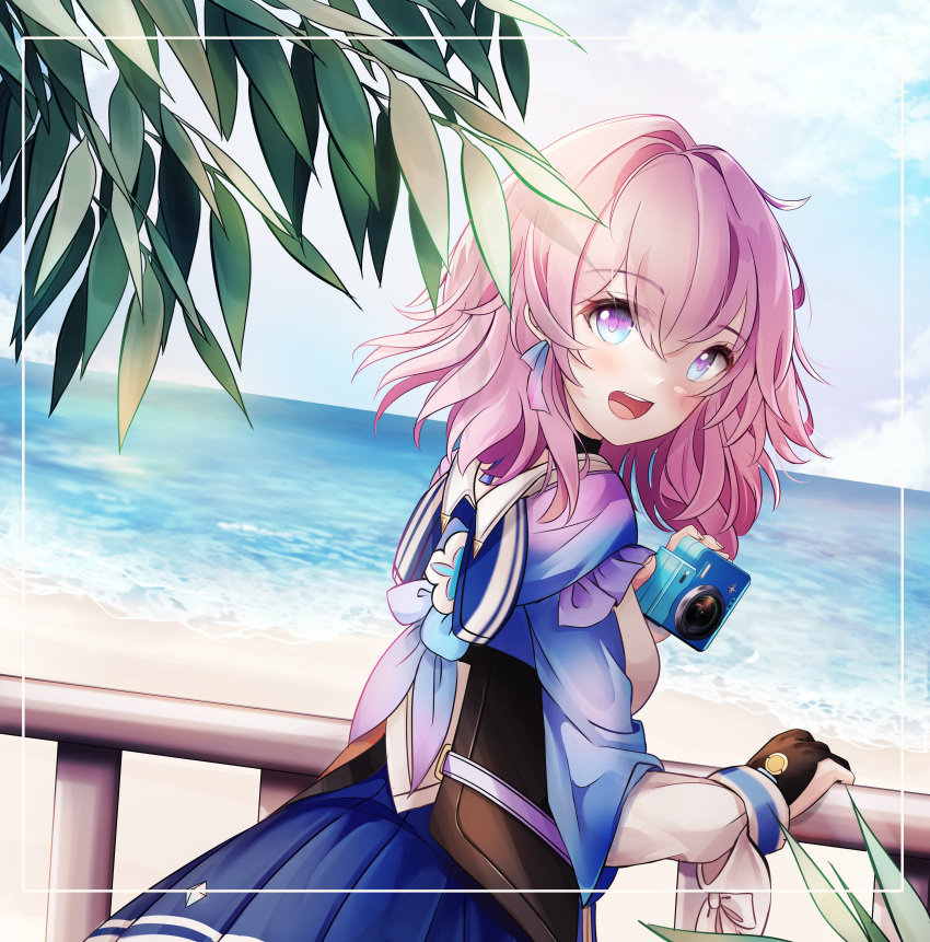 1girl absurdres archery_shooting_glove beach black_choker black_gloves blue_eyes blue_jacket blue_skirt blue_sky camera choker clouds cloudy_sky commentary cowboy_shot day flower_ornament from_behind gloves hair_between_eyes hand_on_railing highres holding holding_camera honkai:_star_rail honkai_(series) jacket long_sleeves looking_at_viewer looking_back march_7th_(honkai:_star_rail) medium_hair milavana ocean open_mouth outdoors partially_fingerless_gloves pink_eyes pink_hair pleated_skirt railing shirt shore single_glove skirt sky smile solo standing tied_jacket two-tone_eyes water white_shirt