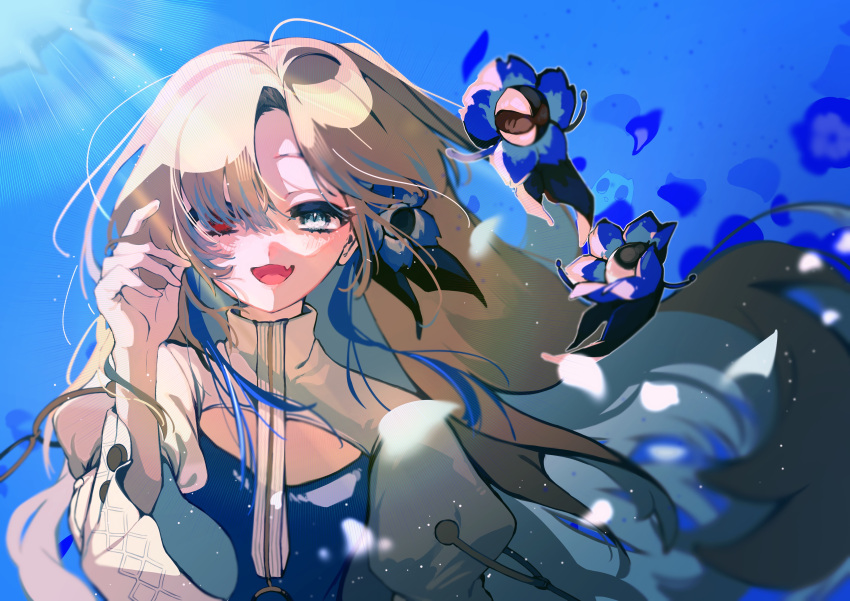 1girl absurdres blue_background blue_dress blue_eyes blue_flower blue_hair creature dress familiar floating_hair flower grey_hair hair_flower hair_ornament hair_over_one_eye heterochromia highres isekai_joucho kamitsubaki_studio long_hair looking_at_viewer multicolored_hair open_mouth petals poppy_(haraheri_0011) red_eyes smile solo two-tone_dress two-tone_hair upper_body virtual_youtuber white_dress