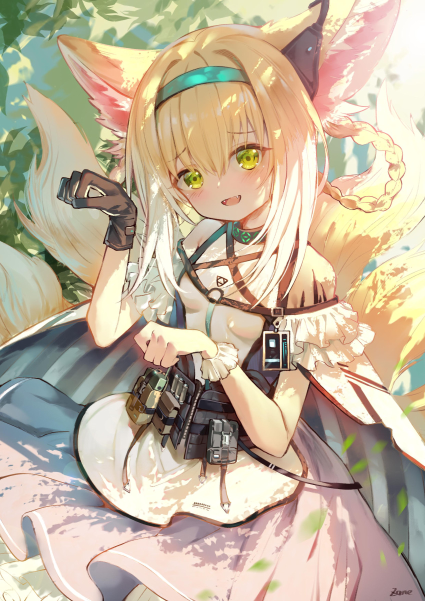 1girl absurdres animal_ear_fluff animal_ears arknights bare_shoulders black_gloves blonde_hair blue_hairband braid braided_hair_rings clothing_cutout colored_tips commentary dress earpiece fangs fox_ears fox_girl fox_tail frilled_sleeves frills gloves green_eyes hair_between_eyes hair_rings hairband highres kitsune kyuubi looking_at_viewer multicolored_hair multiple_tails open_mouth oripathy_lesion_(arknights) paw_pose purple_dress short_hair short_sleeves shoulder_cutout single_glove single_wrist_cuff solo suzuran_(arknights) tail twin_braids two-tone_hair white_hair wrist_cuffs zane_(fnyx7843)