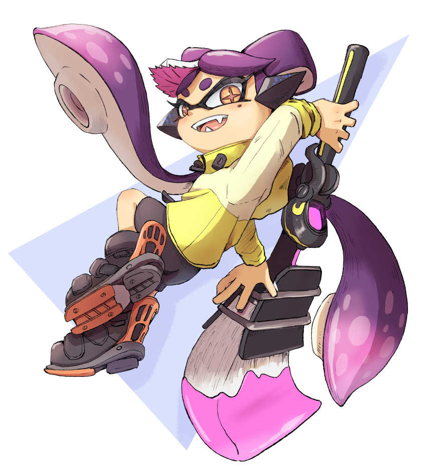 1girl absurdres black_footwear bow-shaped_hair callie_(splatoon) commentary_request food food_on_head highres holding holding_weapon long_hair mole mole_under_eye object_on_head octobrush_(splatoon) open_mouth orange_eyes pink_hair shoes solo splatoon_(series) star-shaped_pupils star_(symbol) sushi symbol-shaped_pupils teeth twintails user_aaww2288 weapon white_background