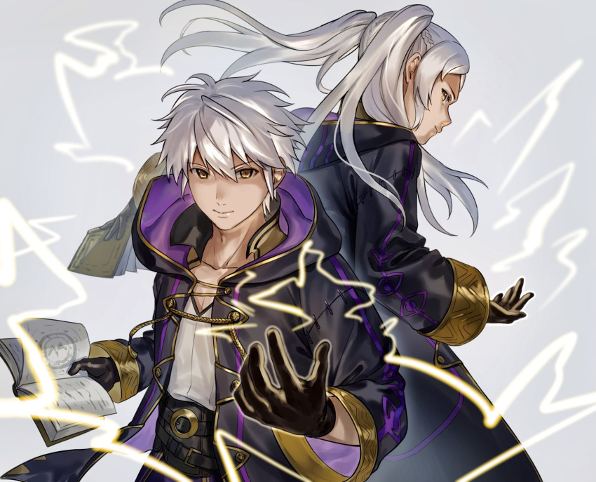 1boy 1girl abinosu0903 black_gloves black_robe book casting_spell collarbone commentary_request fire_emblem fire_emblem_awakening gloves grey_background hair_between_eyes highres holding holding_book lightning long_hair looking_back purple_robe robe robin_(female)_(fire_emblem) robin_(fire_emblem) robin_(male)_(fire_emblem) short_hair twintails two-sided_fabric white_hair yellow_eyes