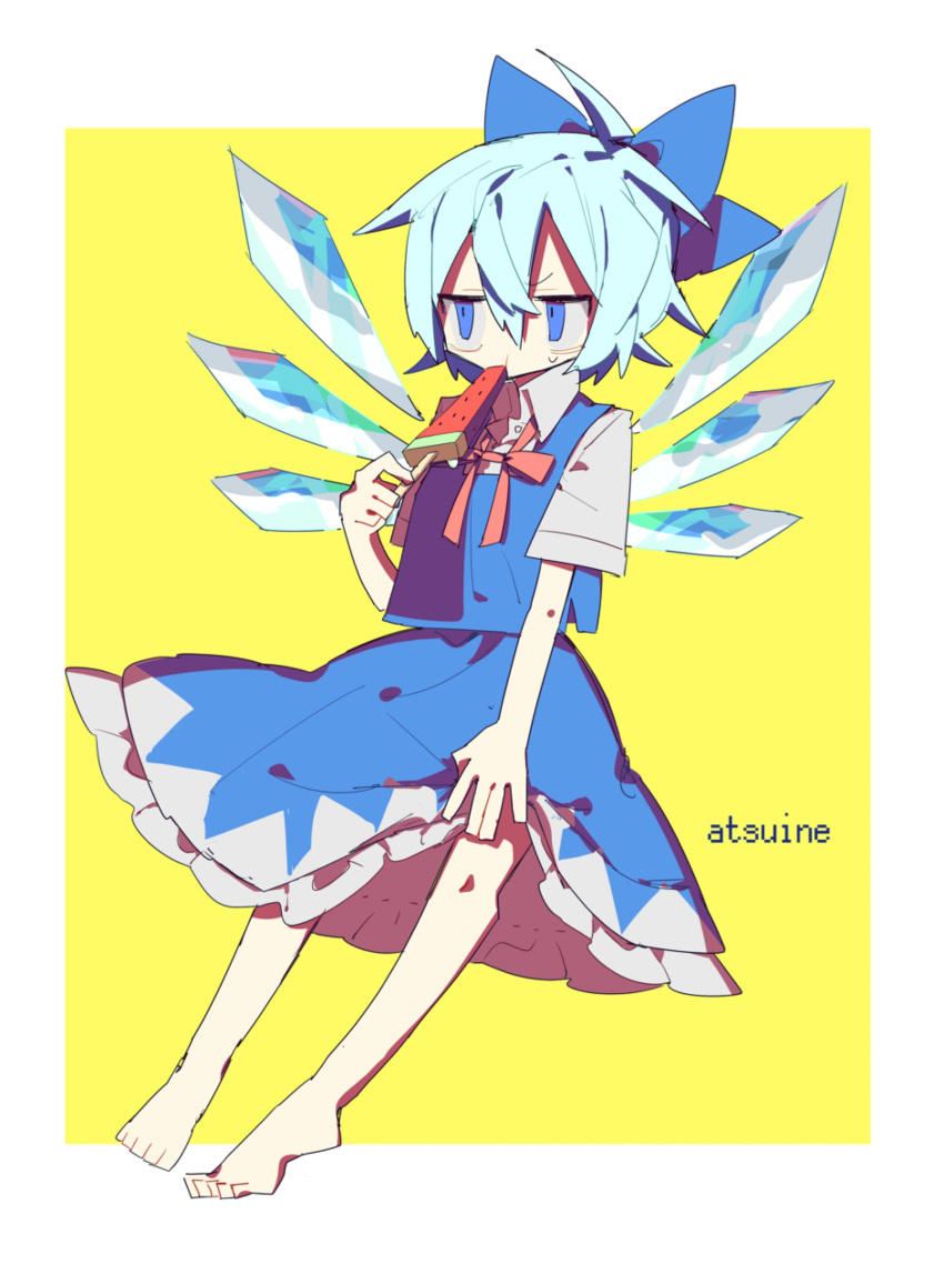 1girl absurdres barefoot blue_eyes blue_hair blue_ribbon blue_skirt blue_vest bow bowtie cirno collared_shirt feet food frilled_skirt frills fruit hair_between_eyes hair_ribbon highres holding holding_food ice ice_wings long_skirt popsicle red_bow ribbon shirt short_hair short_sleeves simple_background skirt so_happy_64 sweat sweatdrop touhou two-tone_background vest watermelon watermelon_bar white_background white_shirt wings yellow_background
