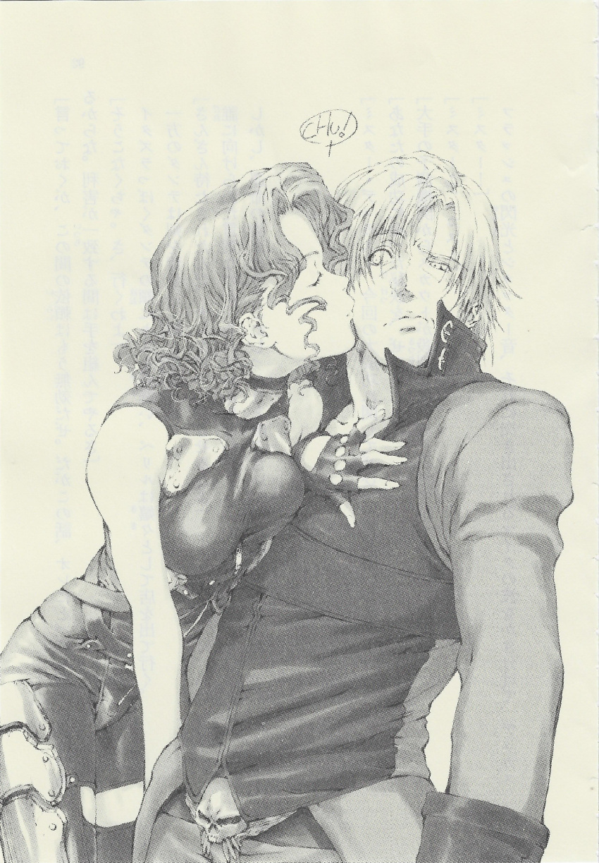 1boy 1girl absurdres beryl_(devil_may_cry) black_gloves breasts closed_eyes coat confused dante_(devil_may_cry) devil_may_cry_(series) devil_may_cry_2_(novel) fingerless_gloves gloves hand_on_another's_chest hetero highres kiss kissing_cheek kosumi_yuuchi medium_breasts monochrome non-web_source official_art raised_eyebrow scan short_hair simple_background skull_belt wavy_hair