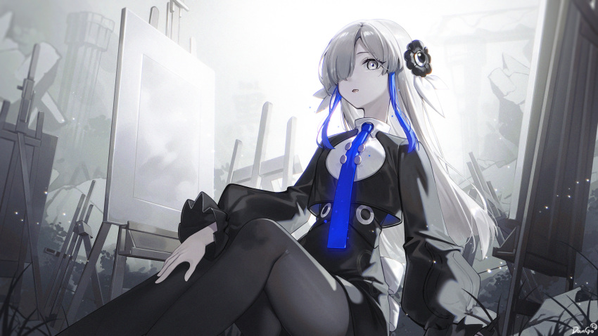1girl absurdres blue_hair blue_necktie canvas_(object) commentary_request cropped_shirt dango_remi flower hair_flower hair_ornament hair_over_one_eye high-waist_shorts highres isekai_joucho kamitsubaki_studio long_hair long_sleeves monochrome multicolored_hair necktie pantyhose parted_lips shorts sitting solo spot_color two-tone_hair virtual_youtuber
