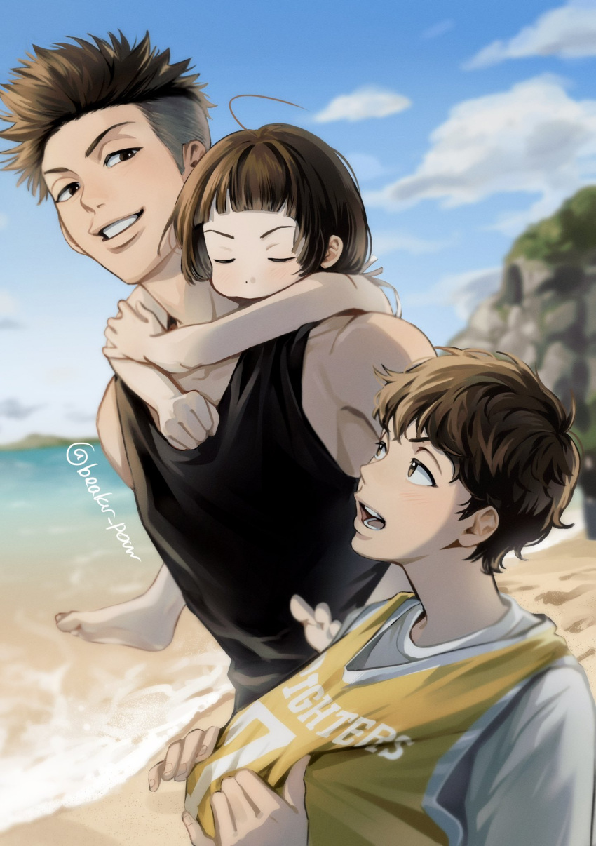 1girl 2boys aged_down arms_around_neck barefoot basketball_jersey beach beaker_pour black_tank_top blue_sky brother_and_sister brothers brown_eyes brown_hair carrying carrying_person child closed_eyes clothes_pull earrings eye_contact highres jewelry layered_clothes looking_at_another miyagi_ryouta multiple_boys ocean open_mouth outdoors piggyback pulled_by_self shirt siblings sky slam_dunk_(series) sleeping smile spiky_hair stud_earrings tank_top undercut upper_body walking wavy_hair white_shirt yellow_tank_top