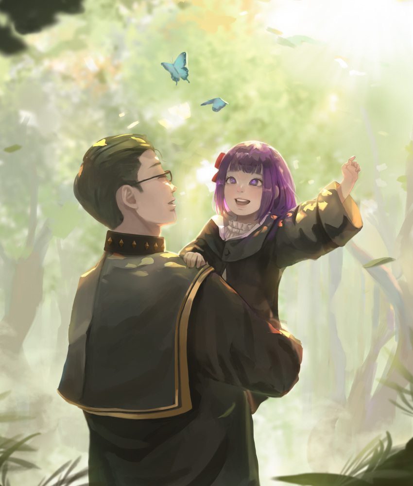 1boy 1girl :d absurdres black_robe blue_butterfly bow bug butterfly carrying carrying_person child child_carry chinese_commentary closed_eyes commentary day english_commentary fern_(sousou_no_frieren) green_hair hair_bow hair_slicked_back hand_up heiter highres medium_hair mixed-language_commentary outdoors purple_hair red_bow robe smile sousou_no_frieren tree violet_eyes yido_(yidoarts)