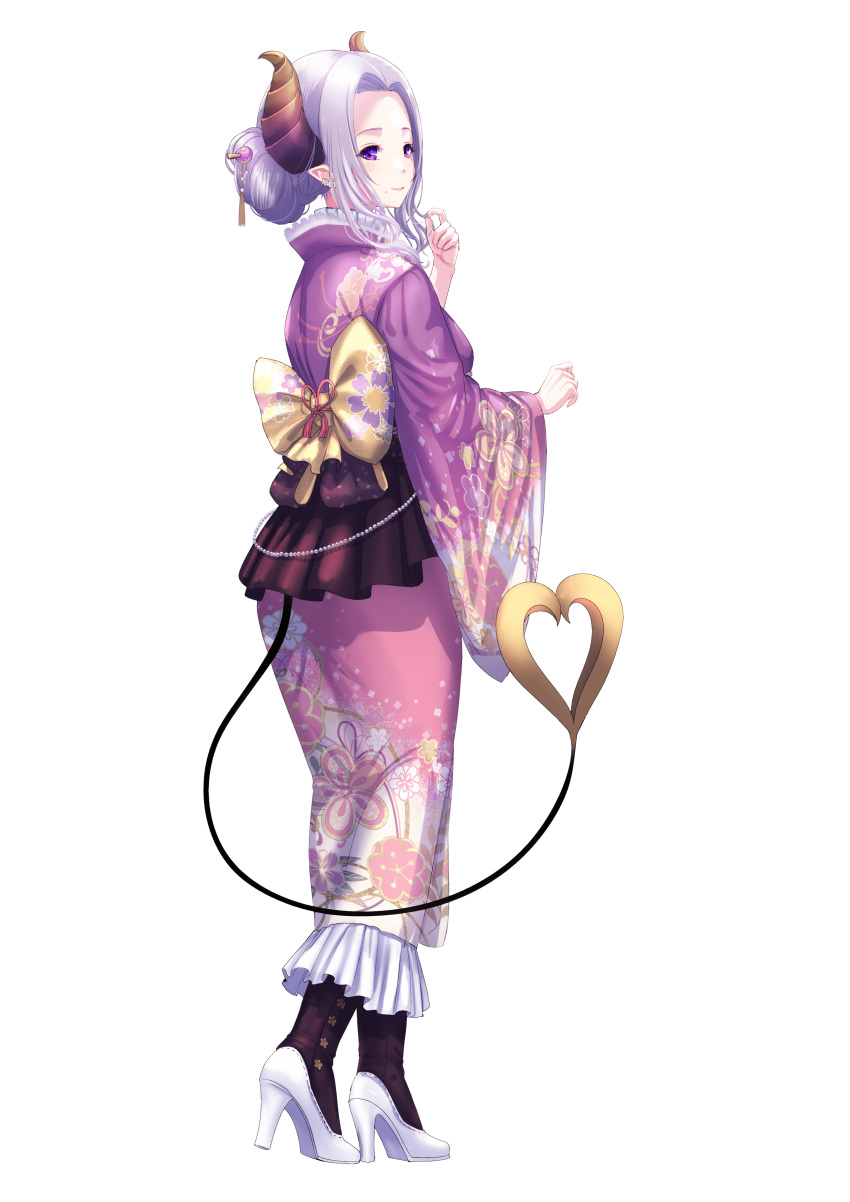 1girl absurdres back_bow blush bow brown_horns closed_mouth commentary_request demon_girl demon_horns demon_tail ear_flower floral_print flower from_behind full_body hair_bun hair_ornament hair_stick highres horns japanese_clothes kimono konekoneko_(konekopi) long_sleeves looking_at_viewer medium_hair mole mole_under_mouth nanashi_inc. parted_bangs pink_ribbon pointy_ears print_bow print_kimono purple_hair purple_kimono ribbon saionji_mary sidelocks simple_background single_hair_bun smile solo tail transparent_background virtual_youtuber white_flower wide_sleeves yellow_bow